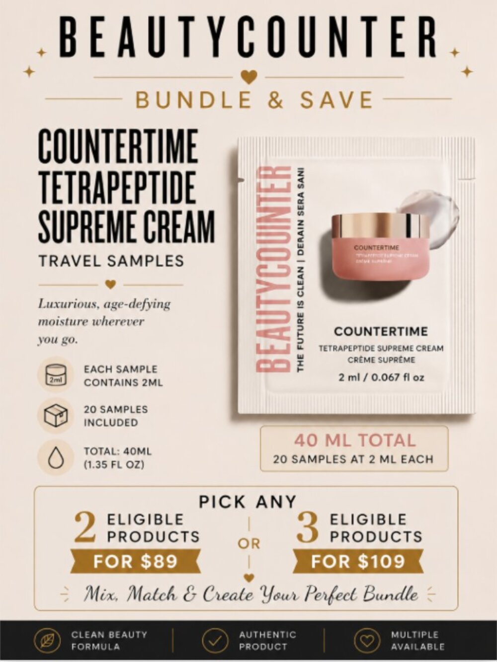 Beautycounter Countertime Tetrapeptide Supreme Cream Travel Samples 40 ML NEW